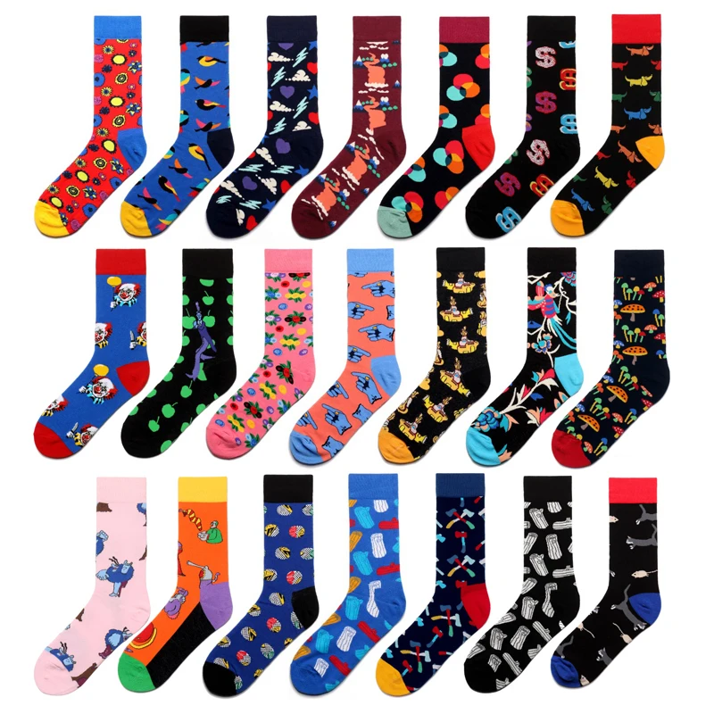 Men Socks Cartoon Clown Plane Bird Dot Dog Apple Colorful Happy Vintage Harajuku Street Hip Hop Funny Casual Skate Cotton Socks