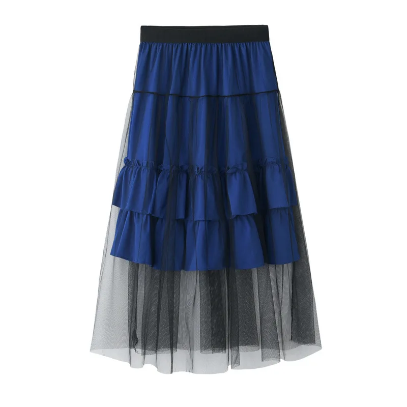 

Mesh stitching Skirt 2019 spring new female sweet mid-length long skirt