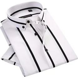 Camisa de algodón a rayas para hombre, camisa informal de manga corta, cuello abotonado, ropa clásica ajustada, moda de verano