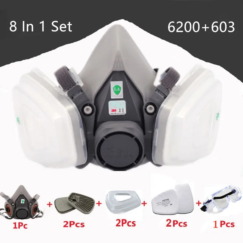 

8 in 1 6200 603 Half Gas Mask Safety Chemical Particle Filter Respirator Mask Industrial Labor Paint Spray Chemical 1621 Goggles