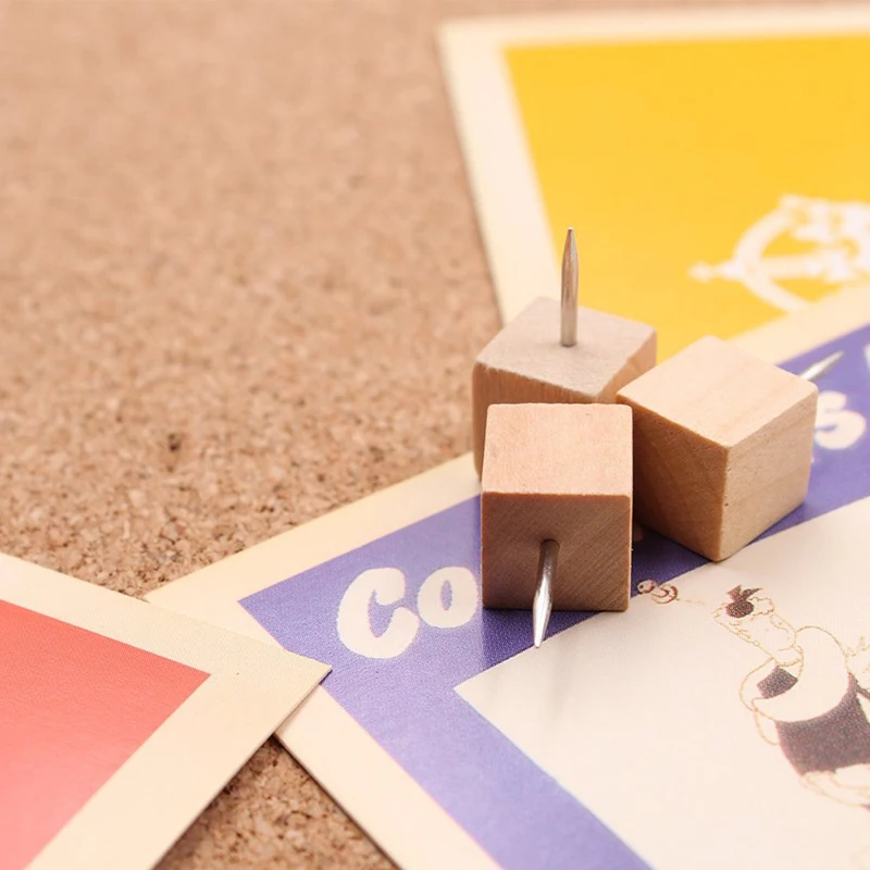 60 peças de pinos decorativos de madeira quadrados, cabeça de madeira e agulha de aço, pinos de polegar, para fotos, mapas e placas de cortiça