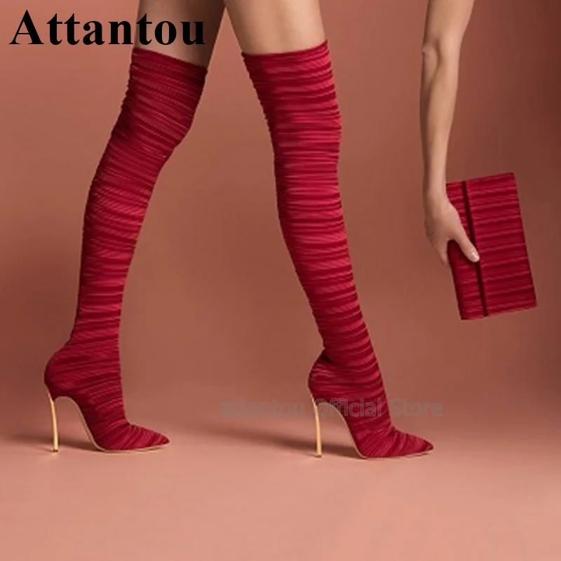 

Fashion Red Black Women Over The Knee Long Boots Women Gold Metal Heels High Heel Shoes Pointed Toe Thigh High Boots