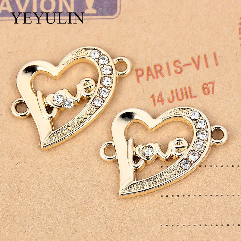 10 Pcs Golden Color Love Heart Shape Alloy  Crystal Connector Bracelet Charm For FIY Fashion Jewelry Making 2.1*2.3cm