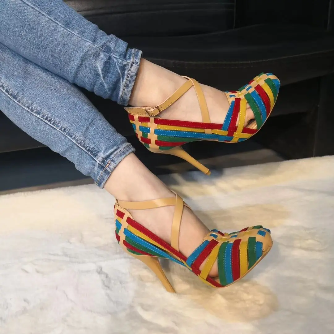 

Summer Bohemia Colorful Braided Suede Straps Pumps Ankle Strap Female Rainbow Color Vacation High Heels Shoes Sandalias