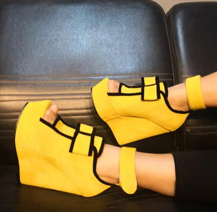 Sexy Ladies Bordured Banana Yellow Bowtie Sandals Summer Magic Tape Gladiator Wedge Heels Peep Toe Contast Color Ankle Bottines