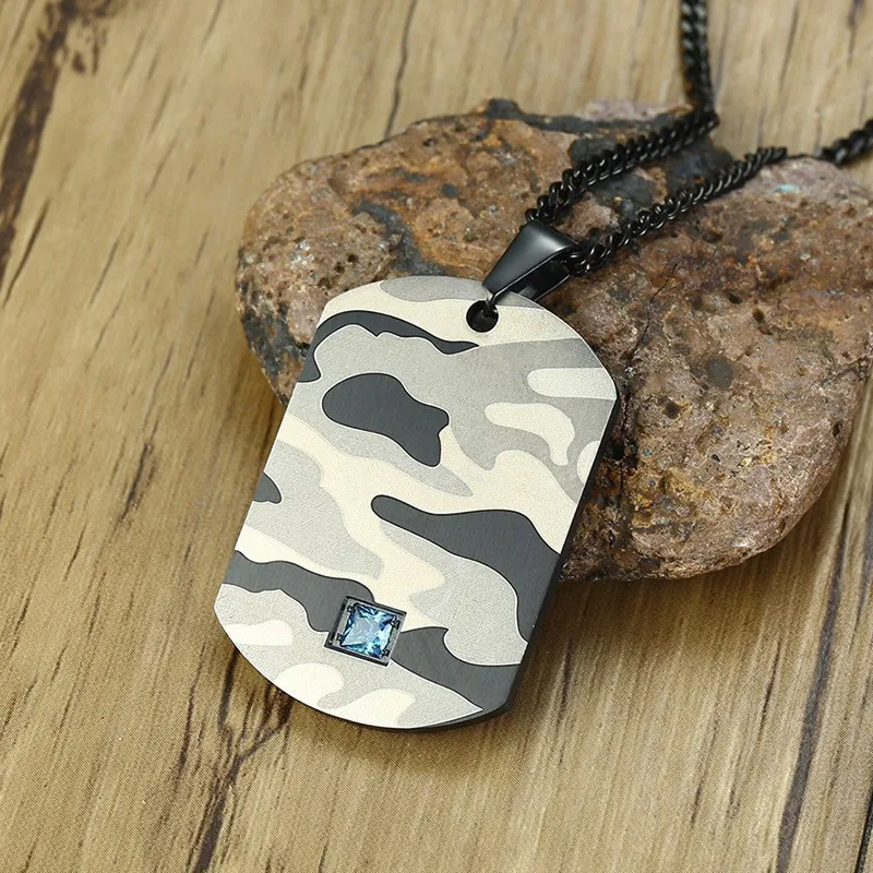 

Camo Dog Tag Pendant Necklace,Stainless Steel Blue CZ Accent for Men Abstract Soldier Military Fancy Camouflage Jewelry