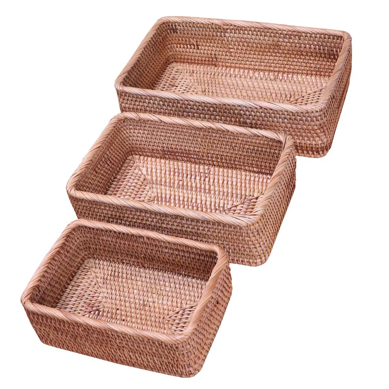 

Handmade Rattan Storage Rectangular Bread Picnic Set Fruit Straw Wicker Baskets Desktop Sundries Snacks Home Panier Osier