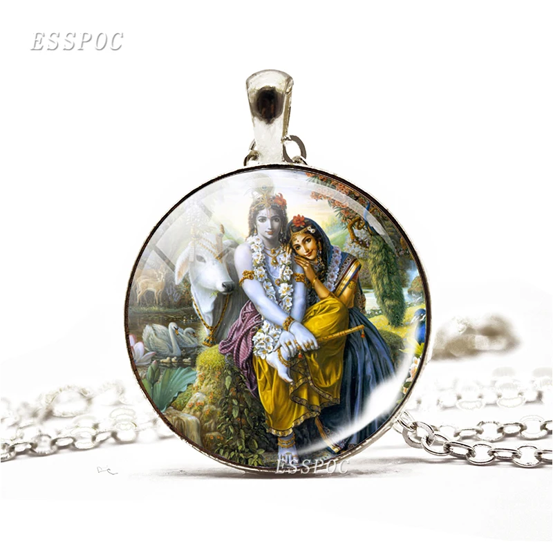 Krishna and Radha Amulet Necklace Glass Cabochon Jewelry Chain Lakshmi Pendant Hinduism Lord Shiva Necklace Women Gifts