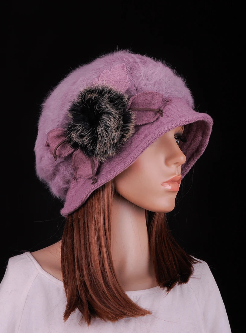 Fashion Light Purple Women Lady Winter Warm Cute Faux Rabbit Fur & Wool Flowers Decorated Hat Beret Beanie Cap