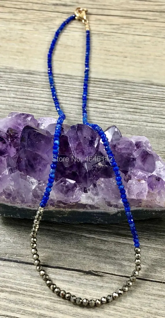 Small Faceted lapis lazuli Stone Beads Long Pyrite Beaded BohoNecklace