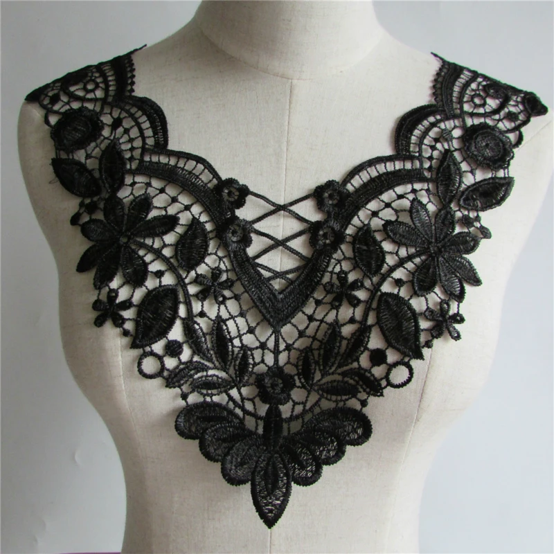 Sexy Perspective Deep V Black Tulle Lace Fabric Hollow Neckline Collar Patchwork Applique Trim Decorated DIY Crafts Cloth Sewing