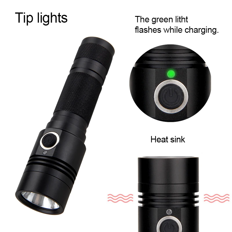 VASTFIRE 10W 800lm LED USB Rechargeable Military Flashlight IP65 Torch Hunting Lamp 4 Modes High-Low-Strobe-sos