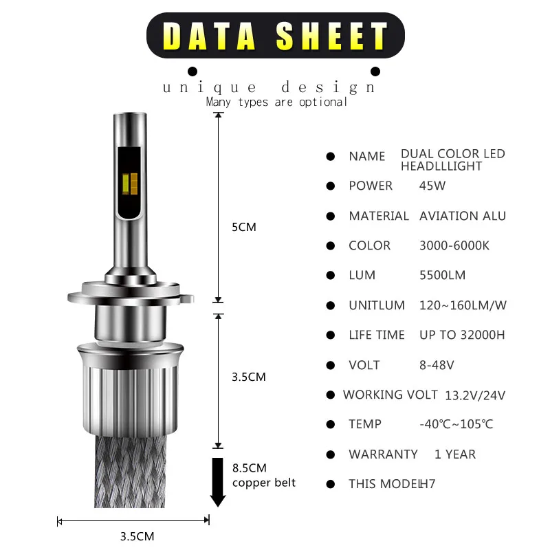 Gzsimeway car led H1 headlight 3-color H11 h1  H7  H3 Hb3 9005 hb4 H27 H8 9004/7 12v-24v 3000k 4300K 6000K car driving LED light