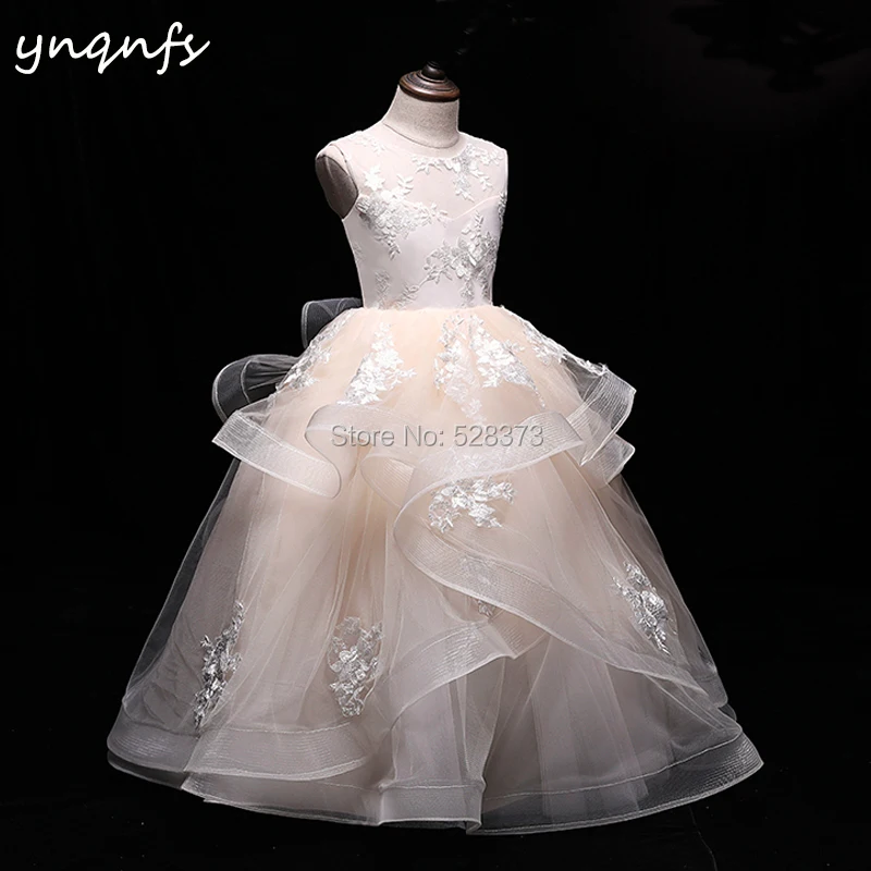 YNQNFS G18 Sleeveless Ruffles Champagne Flower Girl Dresses Tea Length Ball Gown Princess Dress Kids Birthday Party Gown