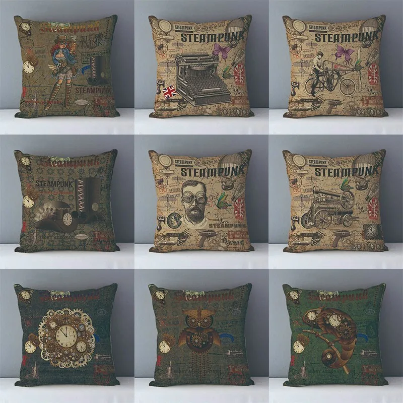 

European style vintage steampunk patterns printed cozy couch cushion cover home decorative pillows 45x45cm bedding pillowcase J6