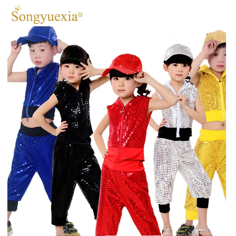 Songyuexia Kids Children Sequin Hip Hop Dance Costumes Girl Boy Jazz Dance stage performance Clothing Crop Top With Hooded