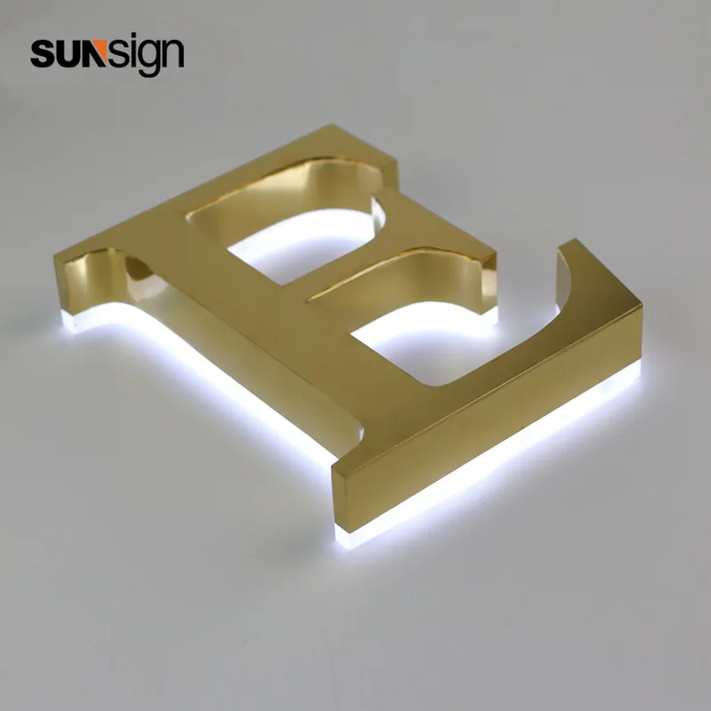 Letras led del alfabeto de acero inoxidable 304 para decoración de pared, metal cepillado dorado pequeño retroiluminado