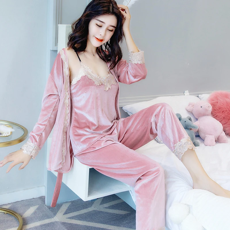 winter Warm Pajamas Set Women Sleepwear Suit Velvet Sexy pink Homewear Pijama Woman Pajamas Long Pant Set Robe Three-piece suit