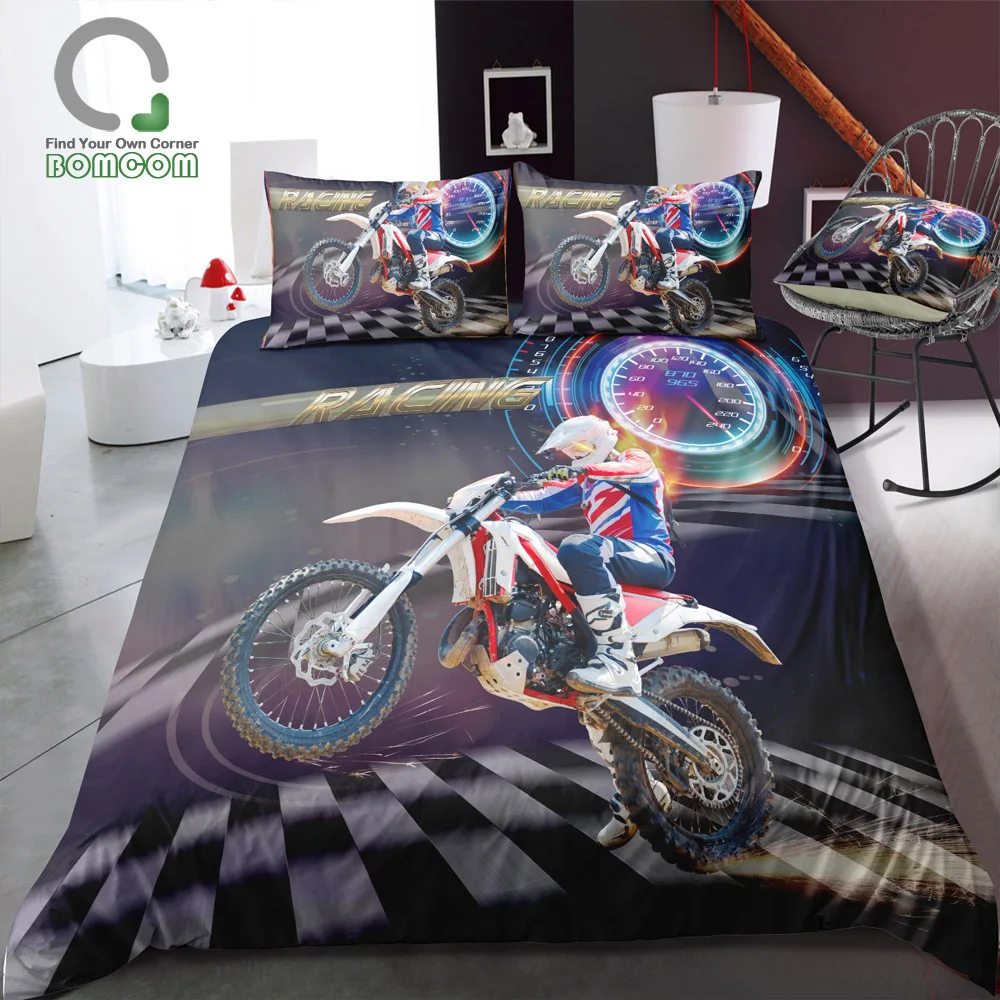 

BOMCOM 3D Digital Printing bedding set racing motorbike rider black background with a clock Duvet Cover Set 100% Microfiber