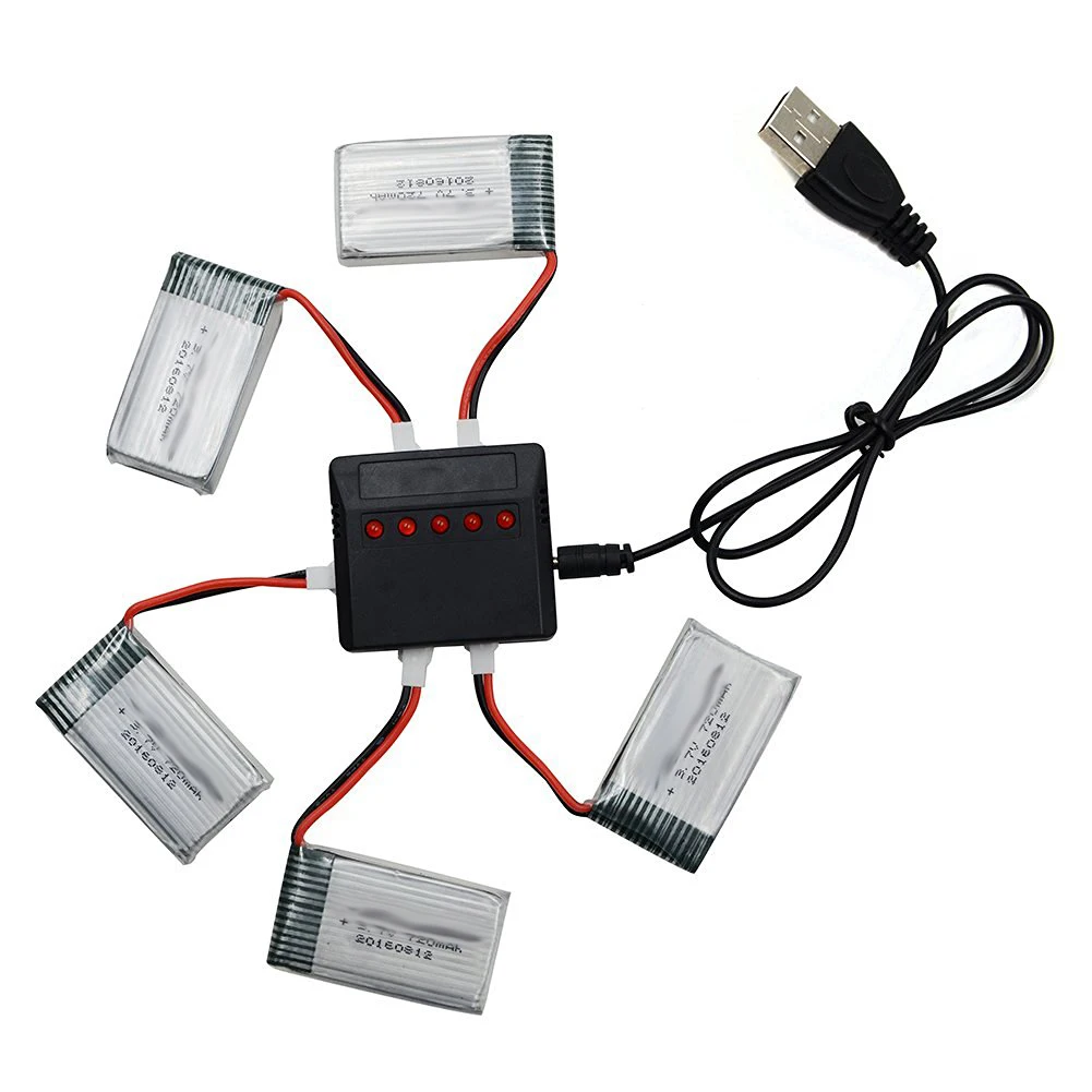 

5pcs * EBOYU 3.7V 720mAh Lipo Battery + 1 to 5 USB Balance Charger for Syma X5C X5SW X5SC X5 RC Quadcopter Drone Battery