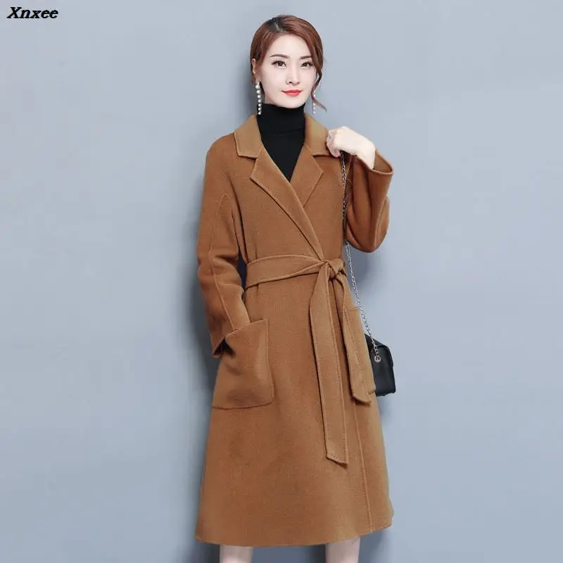 

Loose warm wool blends long winter coat turn-down collar adjustable belt wool coats women office work wear elegant cashmere outw