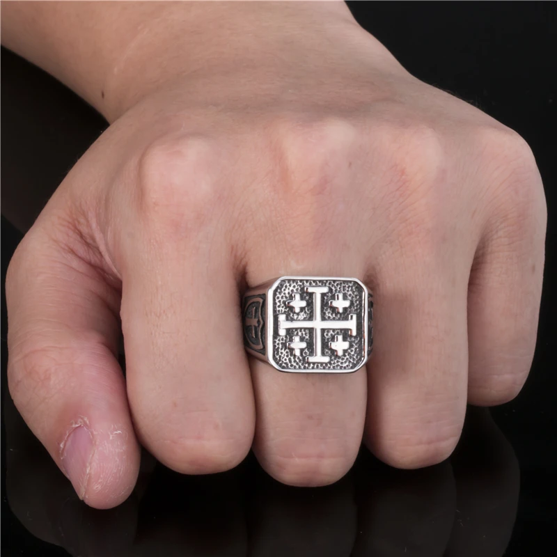 Men Stainless Steel Cross Rings Crusader Jerusalem Cross Ring Religion Vintage Jewelry