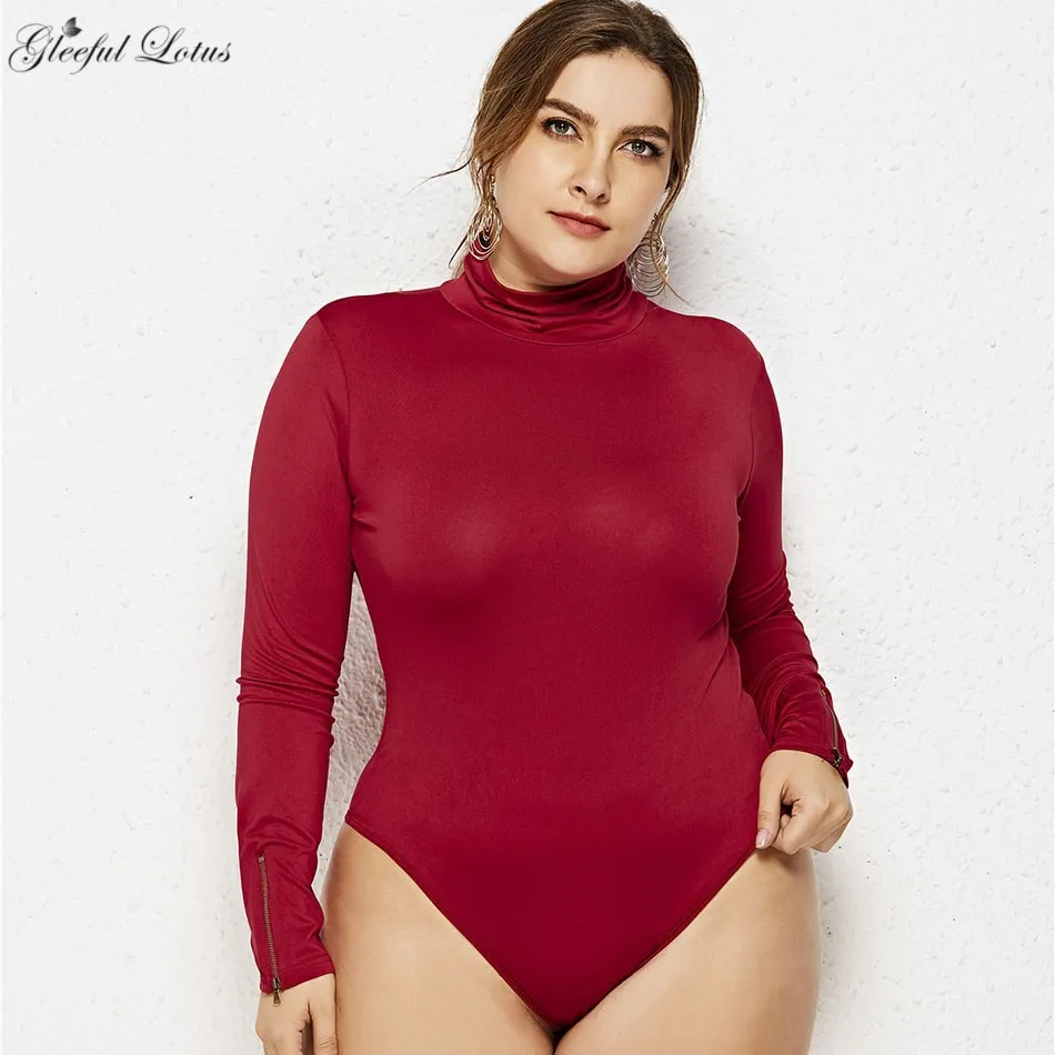 Sexy Plus Size body damskie golf Romper Bodycon z długim rękawem bawełna jesienne zimowe bluzki damskie Skinny czarny biały czerwony