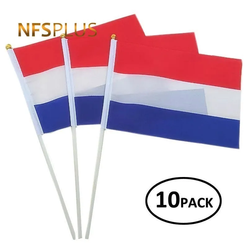 10PCS Netherlands Flags Small Stick Dutch Nederlands 14x21cm Polyester Handheld National Netherlandish Flag With Flagpole