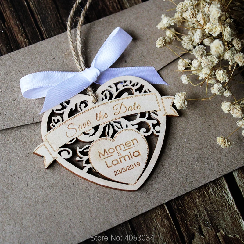 

Floral Heart Wooden Save the Date Custom, Personalized Wedding Fridge Magnets