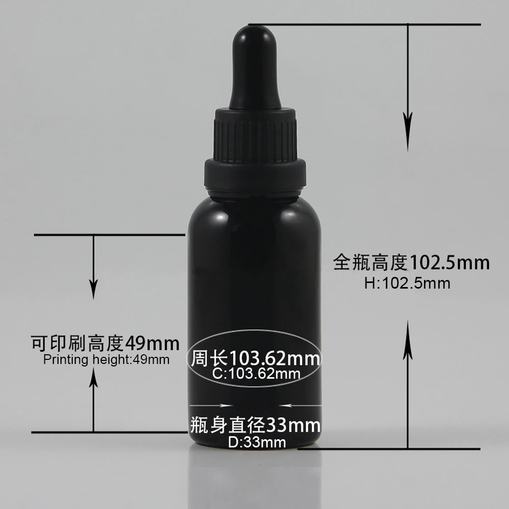 Empty 30ml glass dropper bottles with black plastic tamper-evident devices cap essential oil packaging