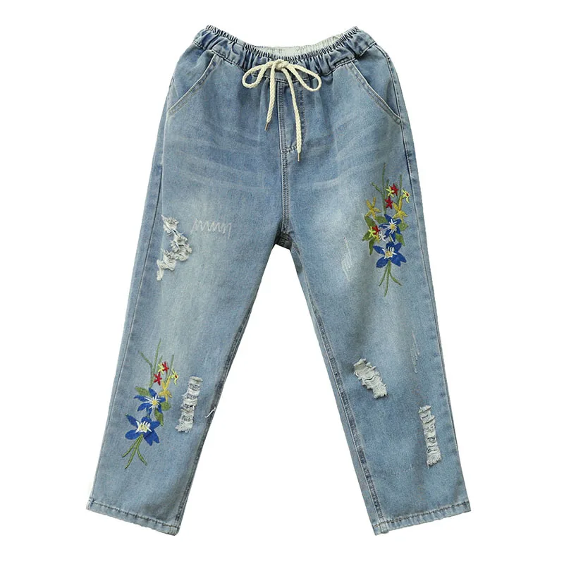 Vintage Floral Embroidery Jeans Female Casual Harem Denim Pants Jeans Women Fashion Pocket Blue High Waist Trousers