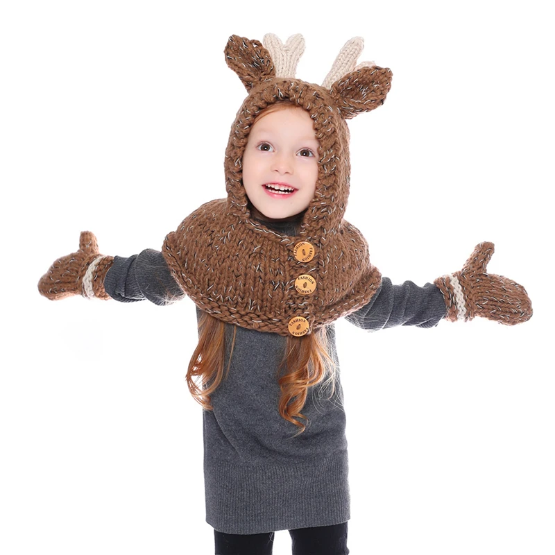 IANLAN New Winter Children Hats Scarves Gloves Girls Cute Reindeer Style Knit Wool Kids Hooded Hat Muffler Mittens Set IL00190