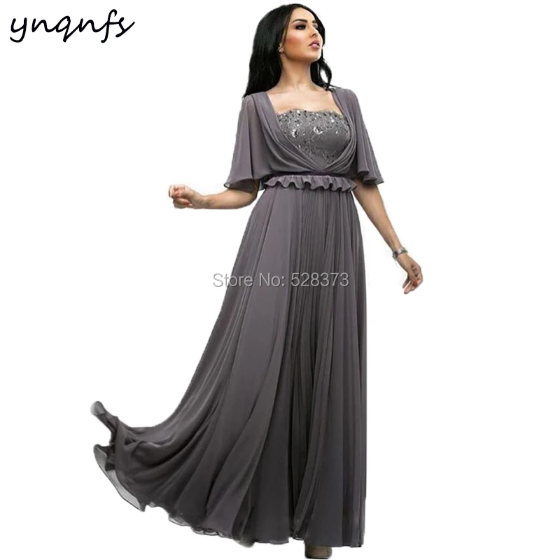 

YNQNFS M54 Elegant Chiffon 2019 Gray Mother of the Bride Dresses Plus Size with Sleeves Vestido Formal Dress Groom Mother Gown