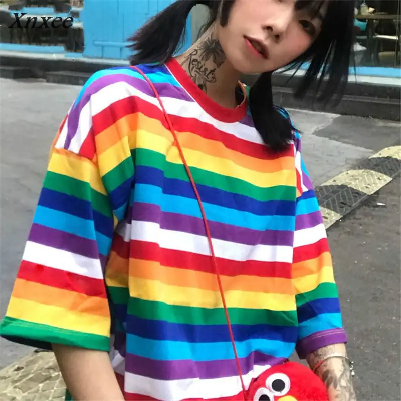 Xnxee Harajuku BF Style Loose Camisetas Vintage Rainbow Striped T Shirts Women 2018 Summer New Arrivals Fashion T-shirt 68087