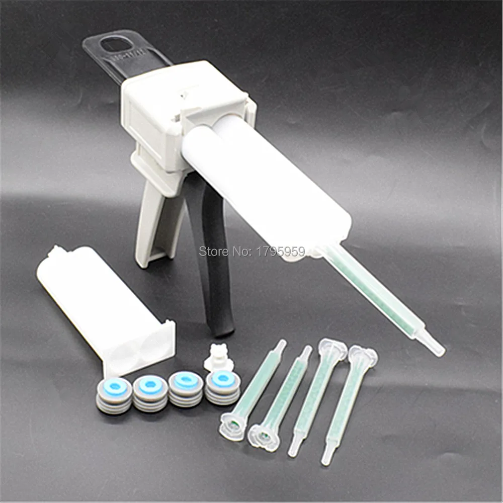 50ml 1:2 AB pistola per colla Dispenser pistola per calafataggio a mano con 2 pezzi 50ml 1:1 cartuccia vuota a doppia canna e Set di ugelli per miscelazione statica 5pc