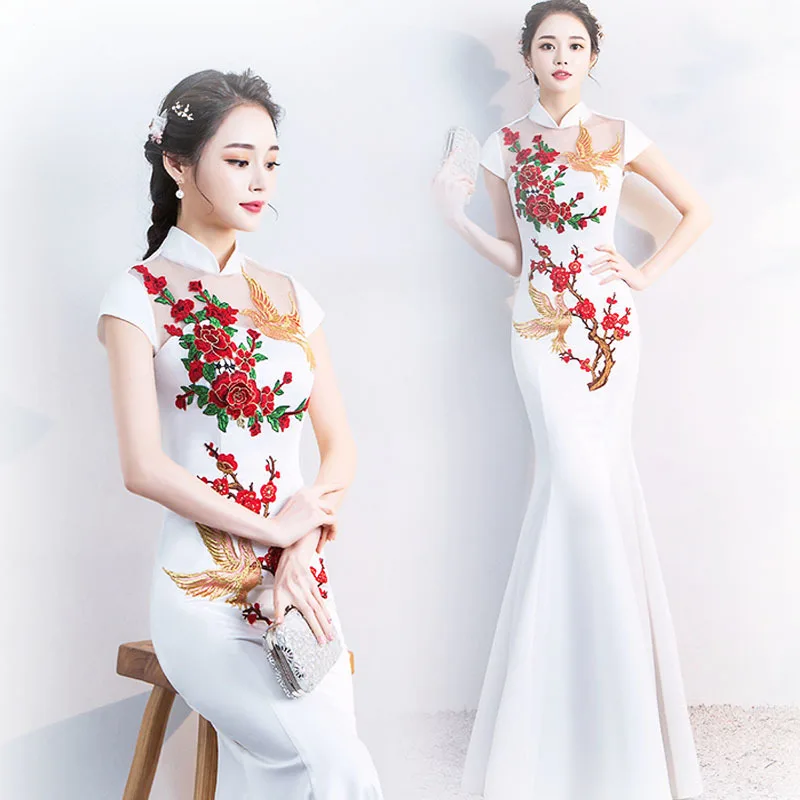 

Traditional Chinese Evening Cheongsam Dress White Phoenix Long Qipao Shanghai Oriental Style China Charm Xxxl Feminino Vintage