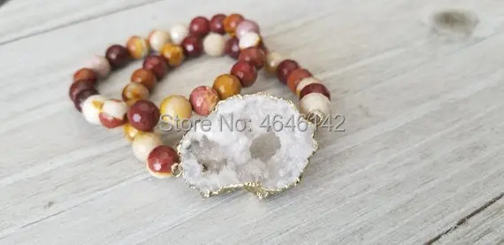 Faceted Stones White Druzy Geode Big Stone Boho Stretch Bracelet One Set of 2 pcs