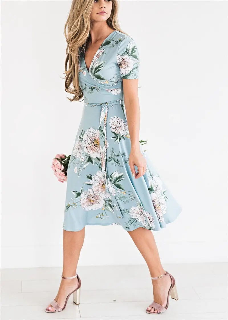 3 Colors Newest Arrival Women Summer Bohemian Floral V-Neck Dress Ladies Loose Empire Fashion Casual Dress Sundress Outfits