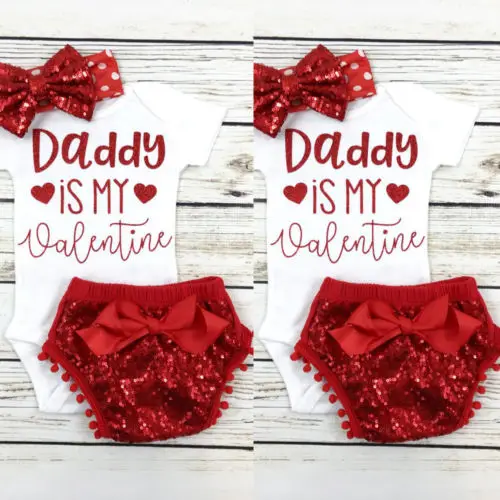 

3Pcs Set Newborn Baby Girls Valentine Day's Clothes Letter Printed Tops Romper Sequin Shorts Headband Outfits Set Baby Clothing