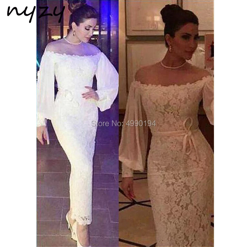 

NYZY C33 Cocktail Dresses Robe Soiree Dubai Arabic Formal Dress Lace Off Shoulder Long Sleeves Ankle Length White Party Gown