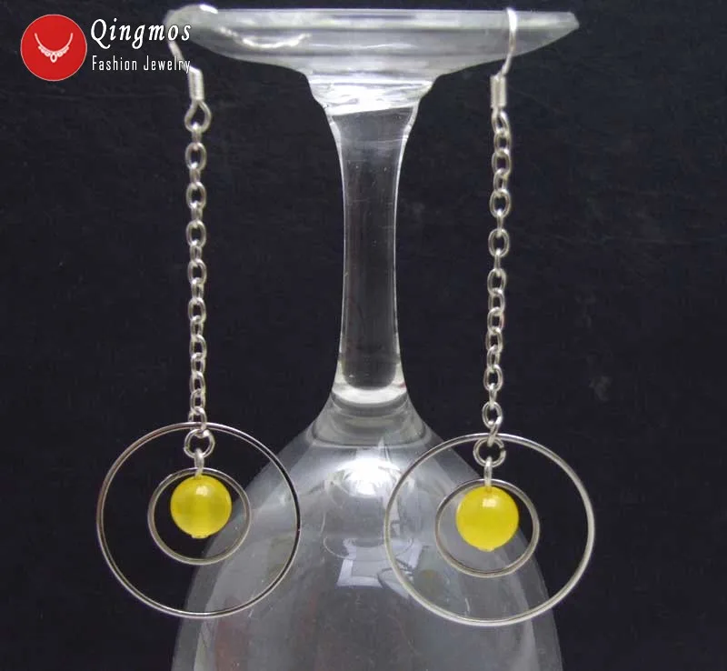 

Qingmos Natural Jades Earring for Women with 8mm Round Yellow Jades & 28mm and 14mm Metal Circle Dangle Earring Ear566 Free Ship