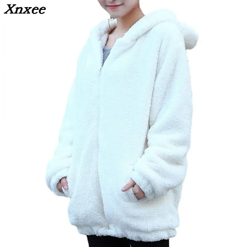 Hot Sale Women Hoodies Zipper Girl  Winter Loose Fluffy Bear Ear Hoodie Hooded Jacket Warm Outerwear Coat Cute Sweatshirt Hoody