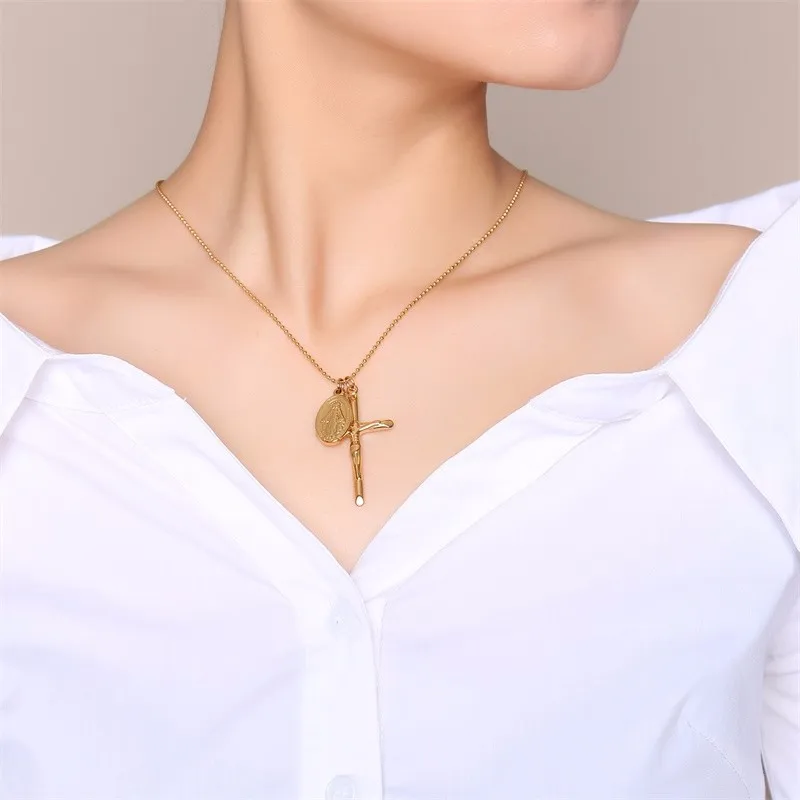 Virgin Mary Miraculous Medal Cross Charm Pendant Necklace for Women Stainless Steel Women Religious Jewelery