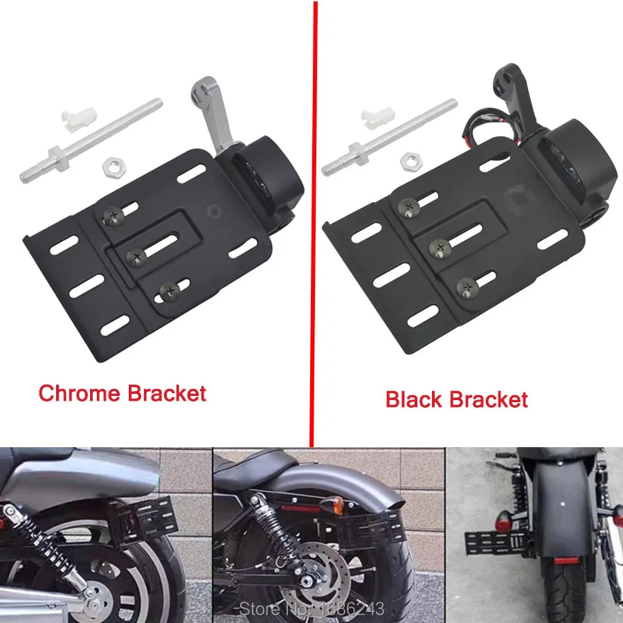 

Telescopic Folding LED Light Side Mount License Plate Frame Cover Holder Adjustable For Harley Dyna Sportster 883 1200 XL 07-16