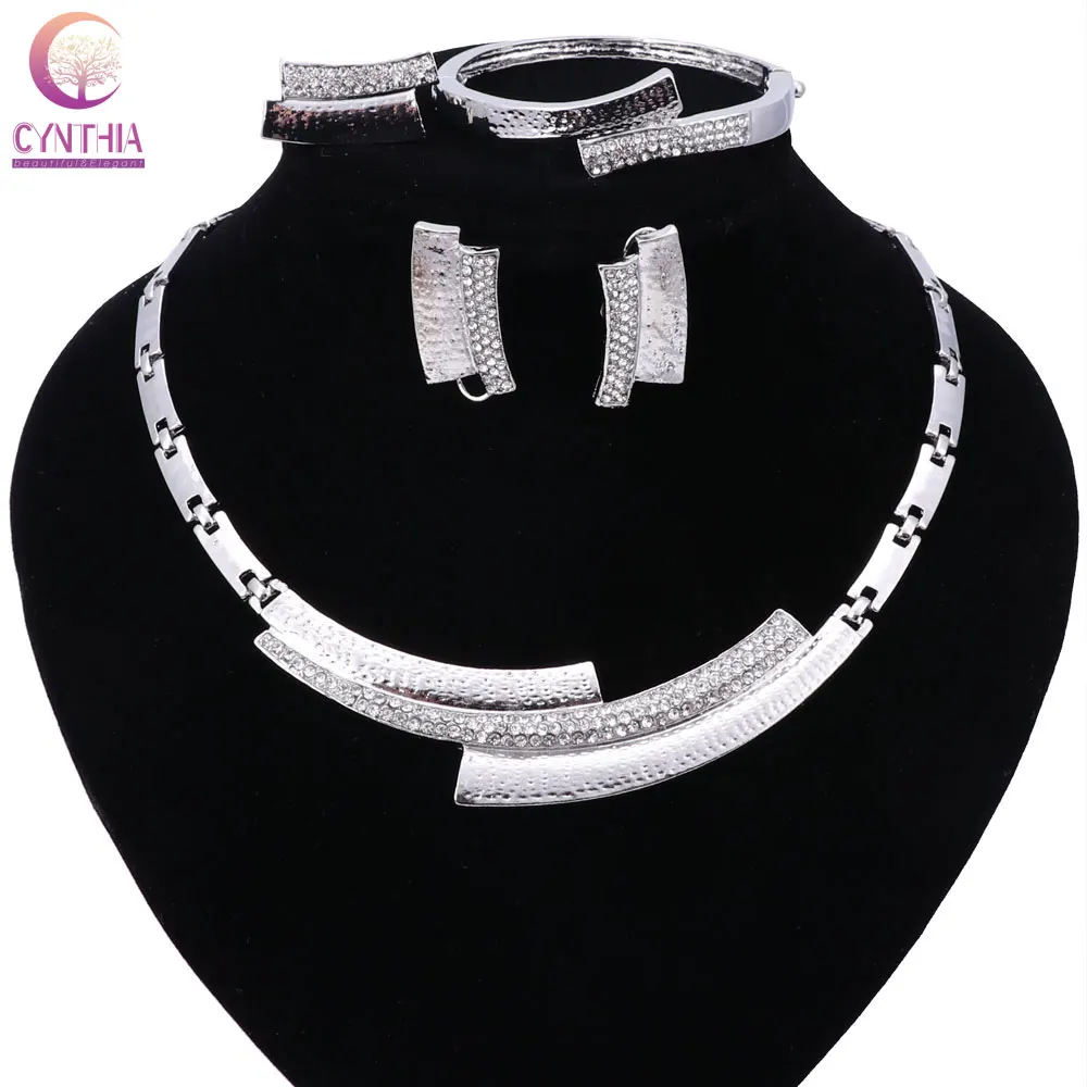 Women Vintage Silver Color Crystal Bridal Party Rhinestone Nigerian Necklace Bangle Ring Wedding African Beads Jewelry Set