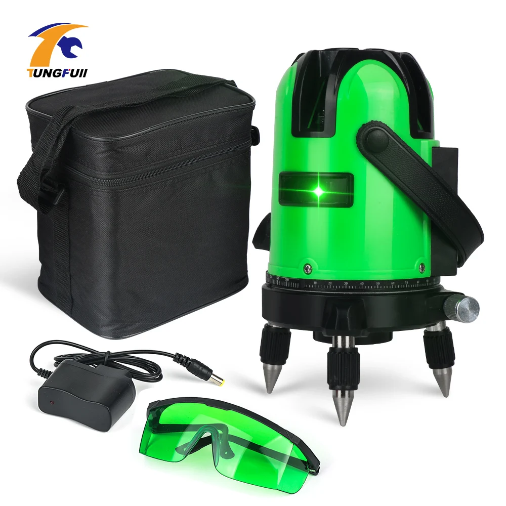 Green Laser Levels  5 laser lines 6 points 360 degrees rotary 635nm outdoor mode receiver and tilt slash available auto line