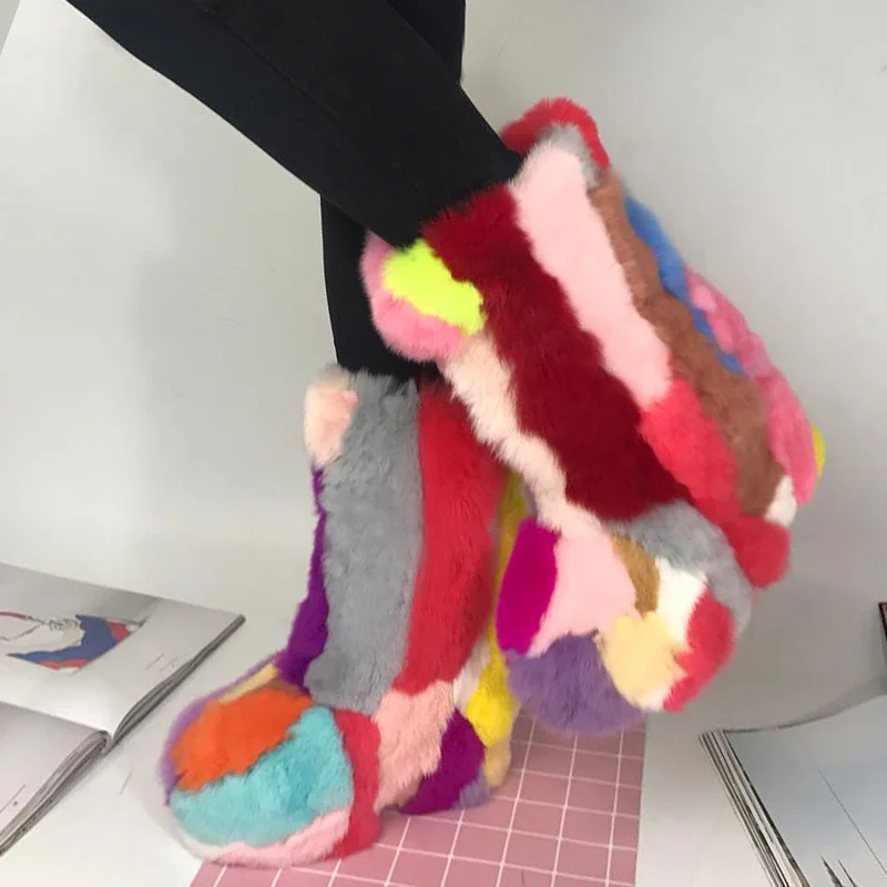 Eskimo Real Rabbit Fur Snow Boots Height Increasing Women Multi Fur Patchwork Winter Boots Colorful Fur Mid Calf Boots