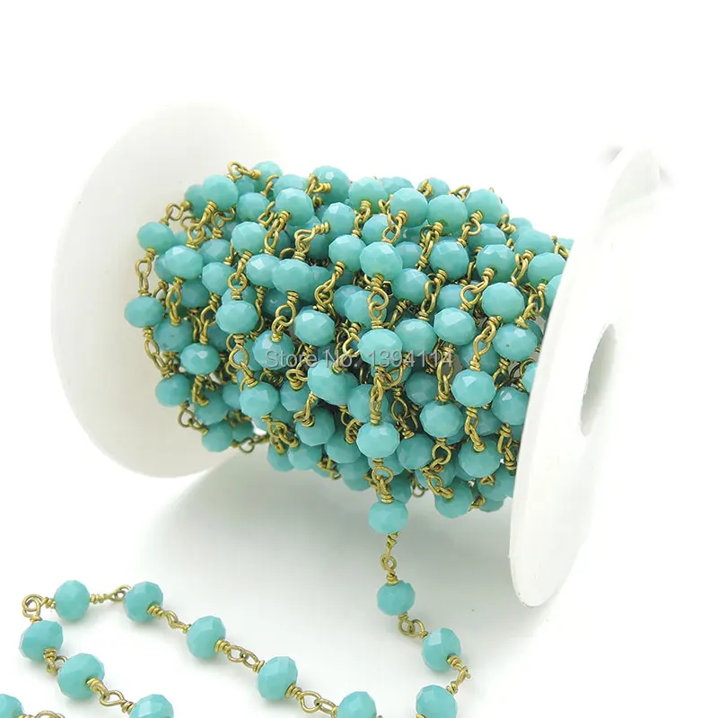 

Turquoise Glass Faceted Oblaten Beads Wrapped Wire Chain Fit For Making Necklaces Or Bracelets Jewelry