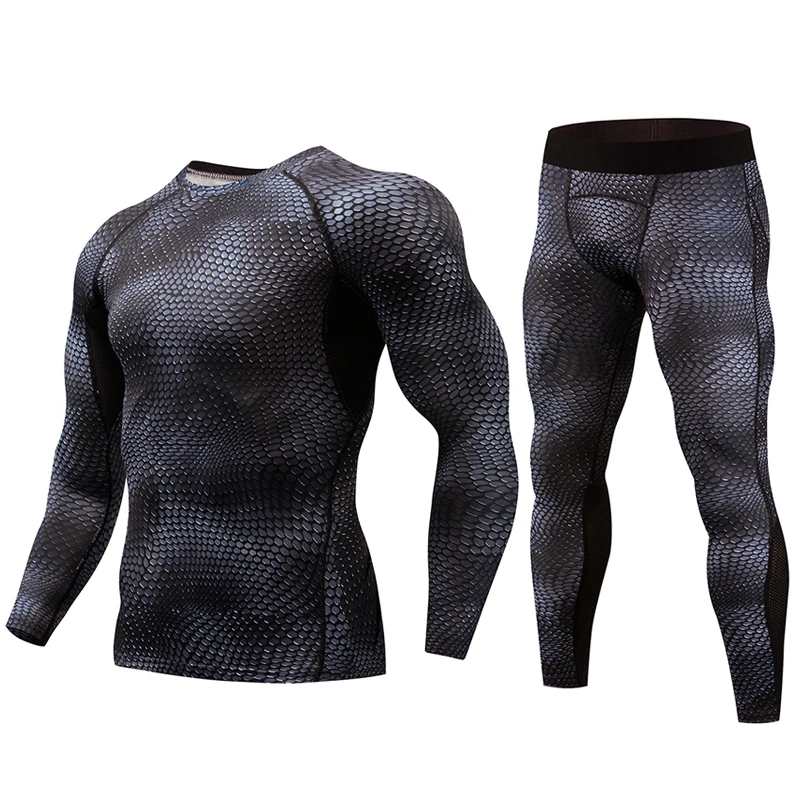 Brand 2 piece sportswear mens youth MMA Rash Guard men's alliance snakeskin suit compression clothing muscle men snake skin spot