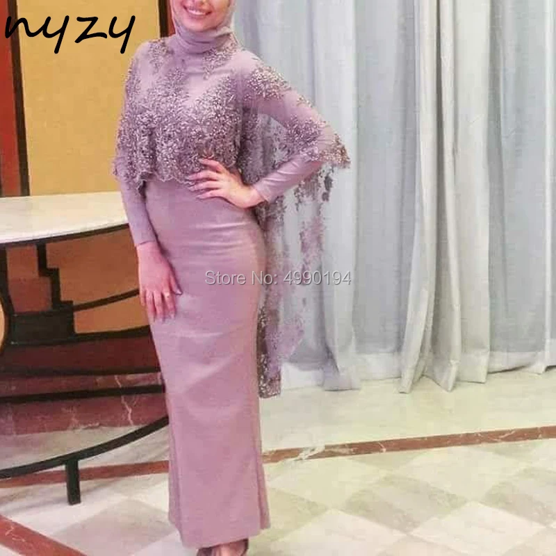 NYZY MW4 Arabic Hijab Muslim Evening Dress Cape Cloak Long Sleeves Jewel Beaded Satin Formal Dress Party robe soiree dubai 2019